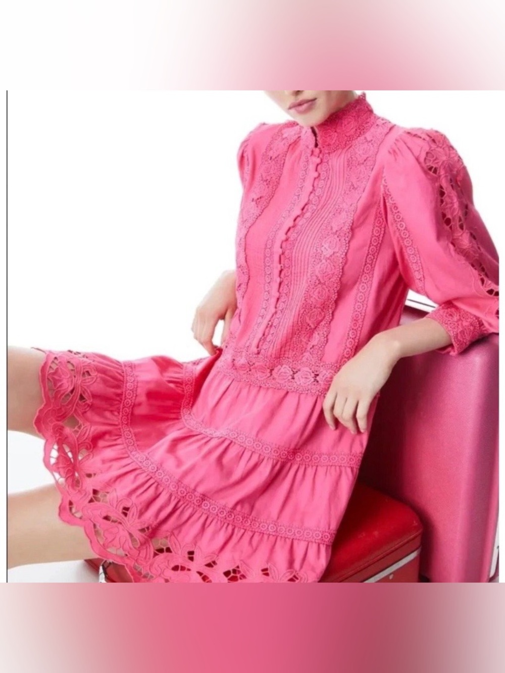 $400 Alice + Olivia  Clark Lace Tiered Minidress In French Rose SZ 6